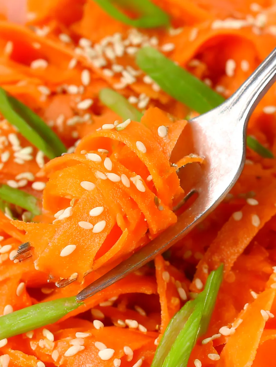 A fork is holding a piece of carrot salad.