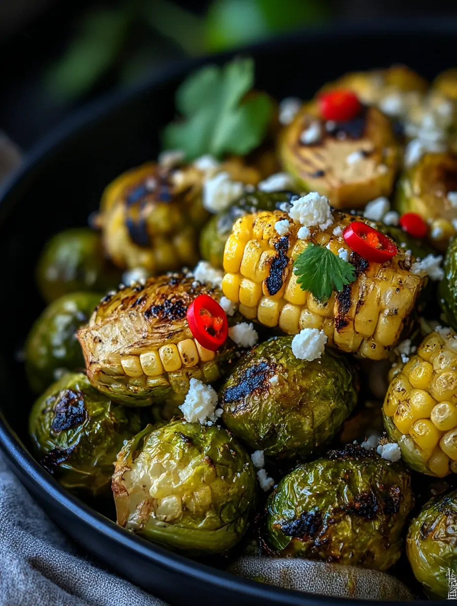 A bowl of corn and brussels sprouts.