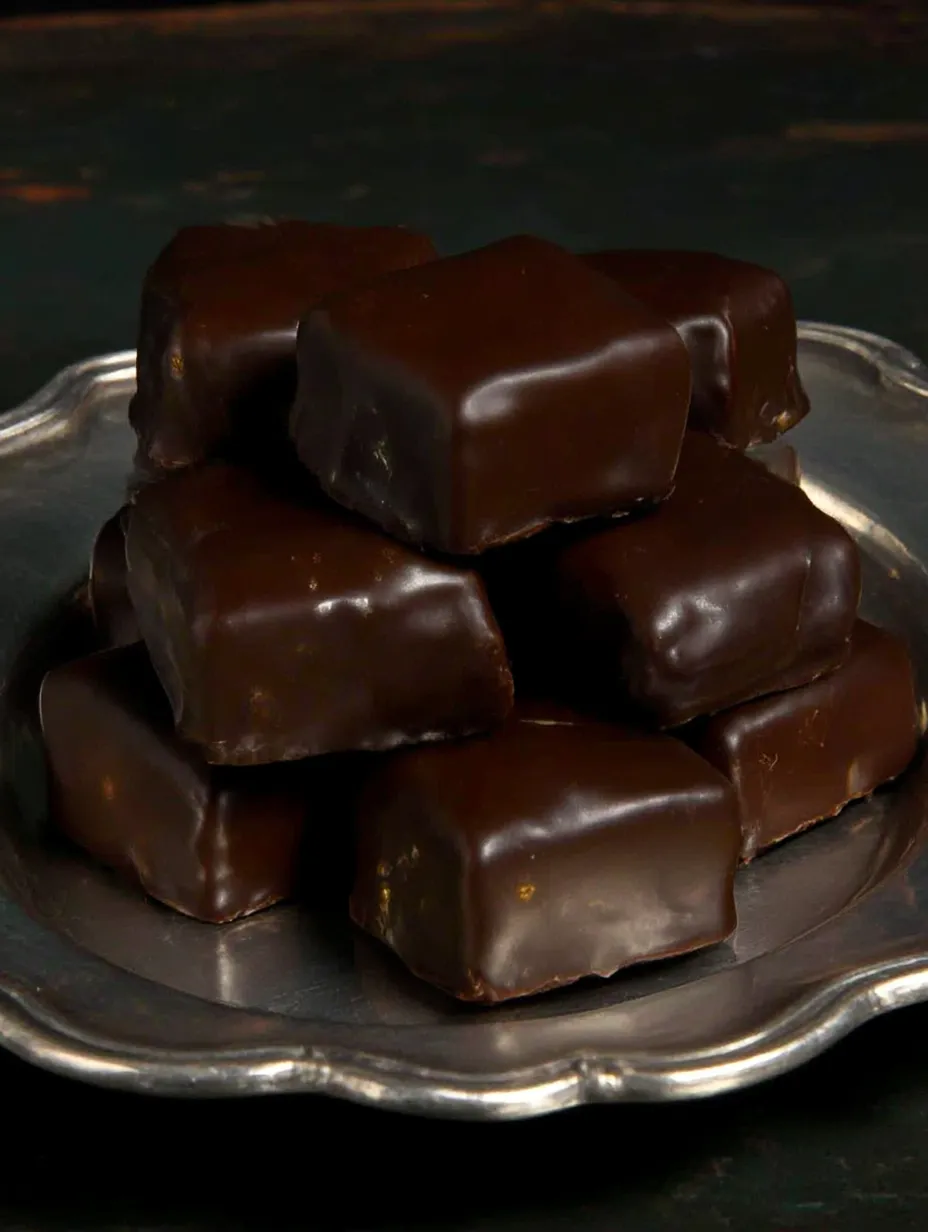 A stack of chocolate covered marshmallows.