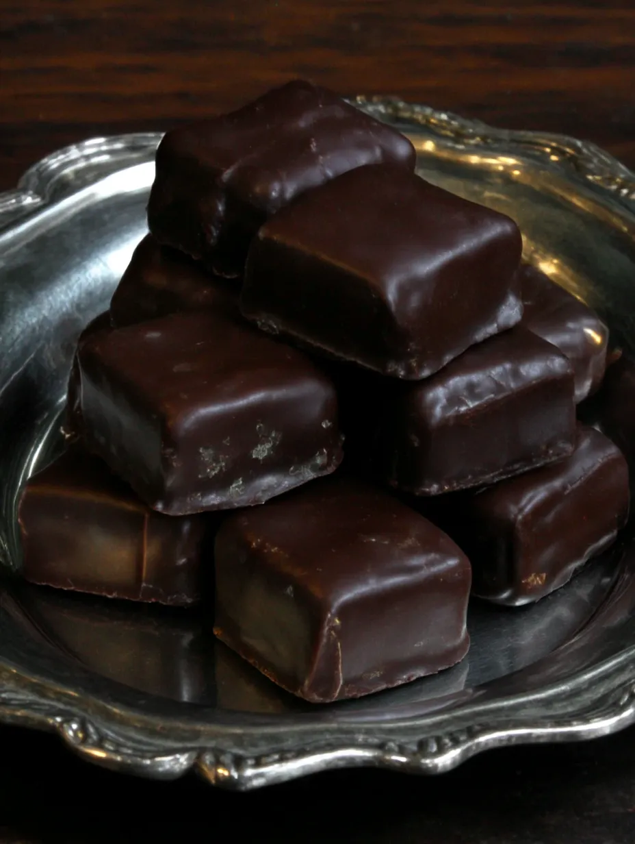 A stack of chocolate covered marshmallows.