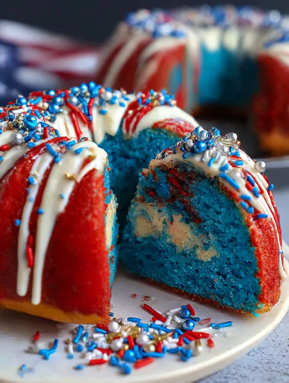 A slice of a patriotic bundt cake.