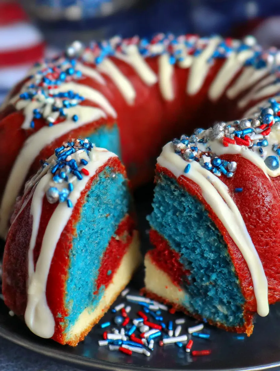 A patriotic bundt cake with red, white and blue frosting.