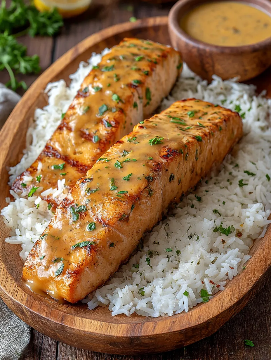 A piece of bang bang salmon on a plate.
