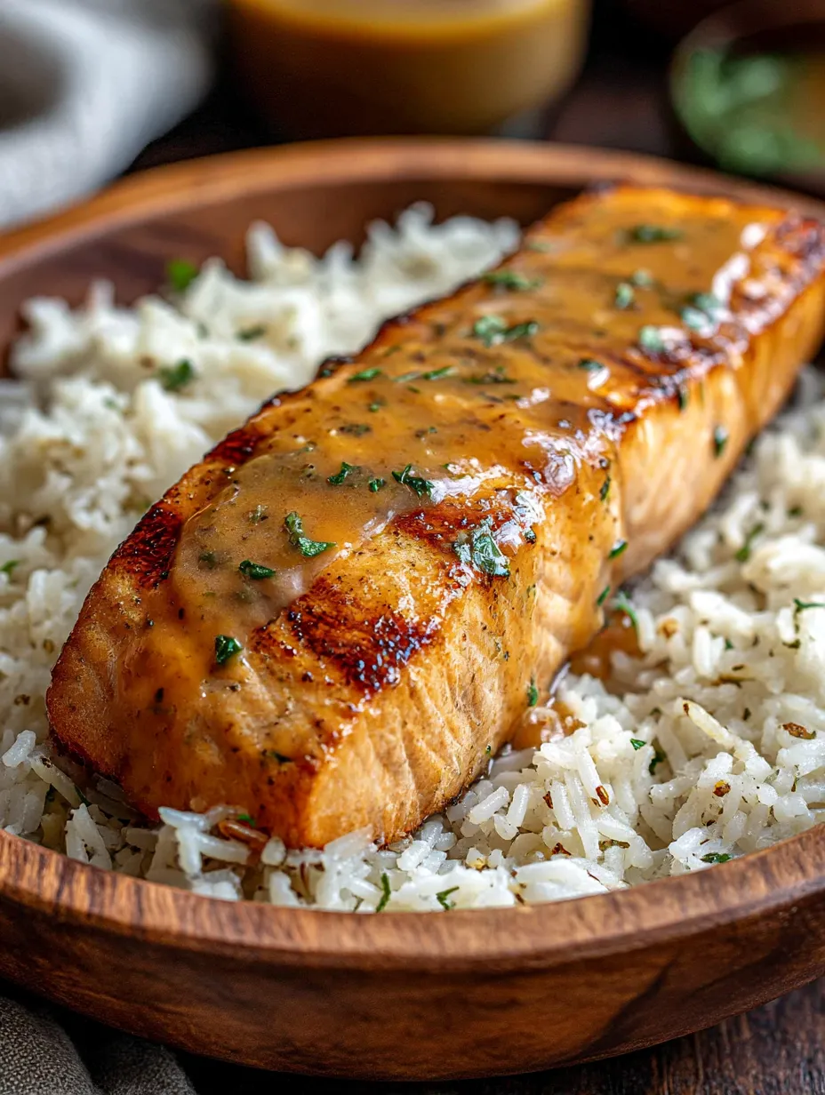 A piece of bang bang salmon on rice.