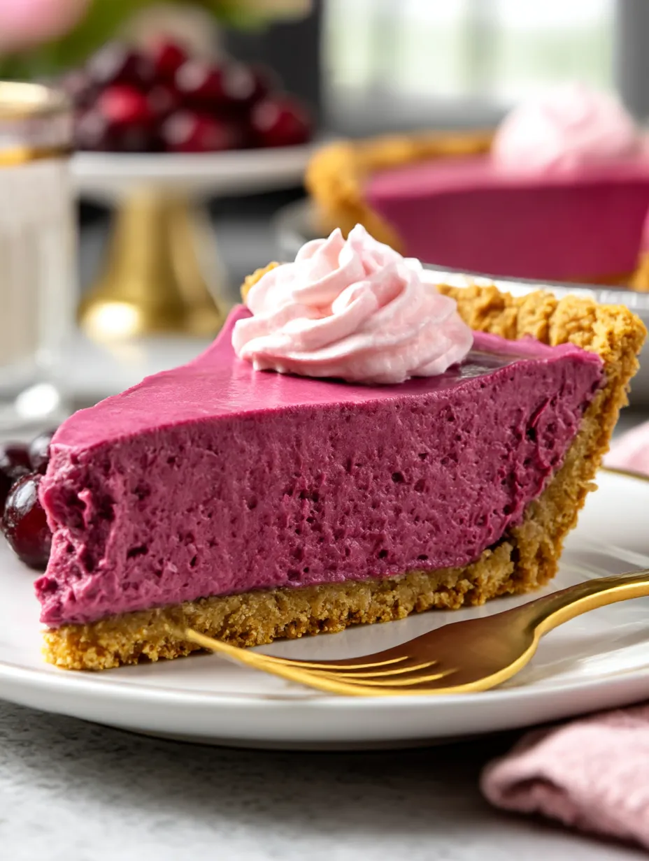 A slice of cranberry custard pie.