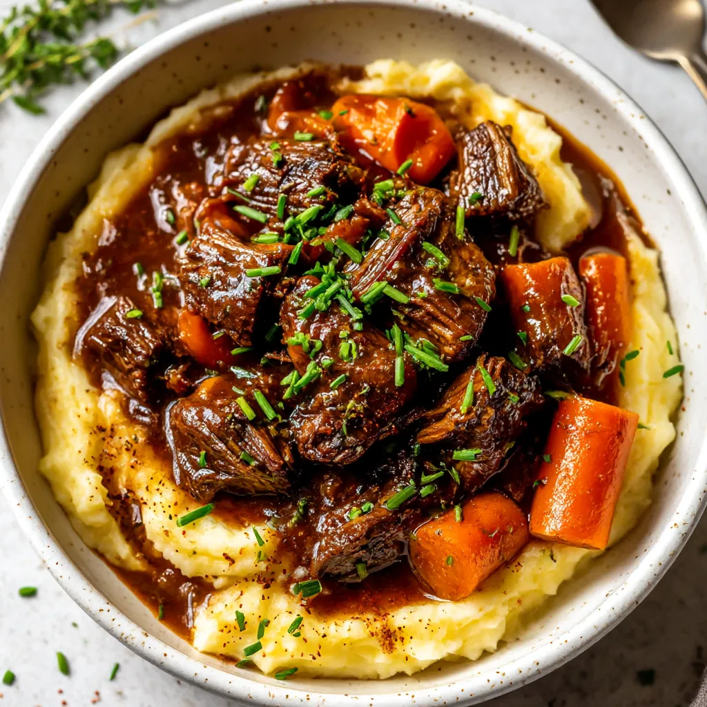 A bowl of beef with carrots and potatoes.