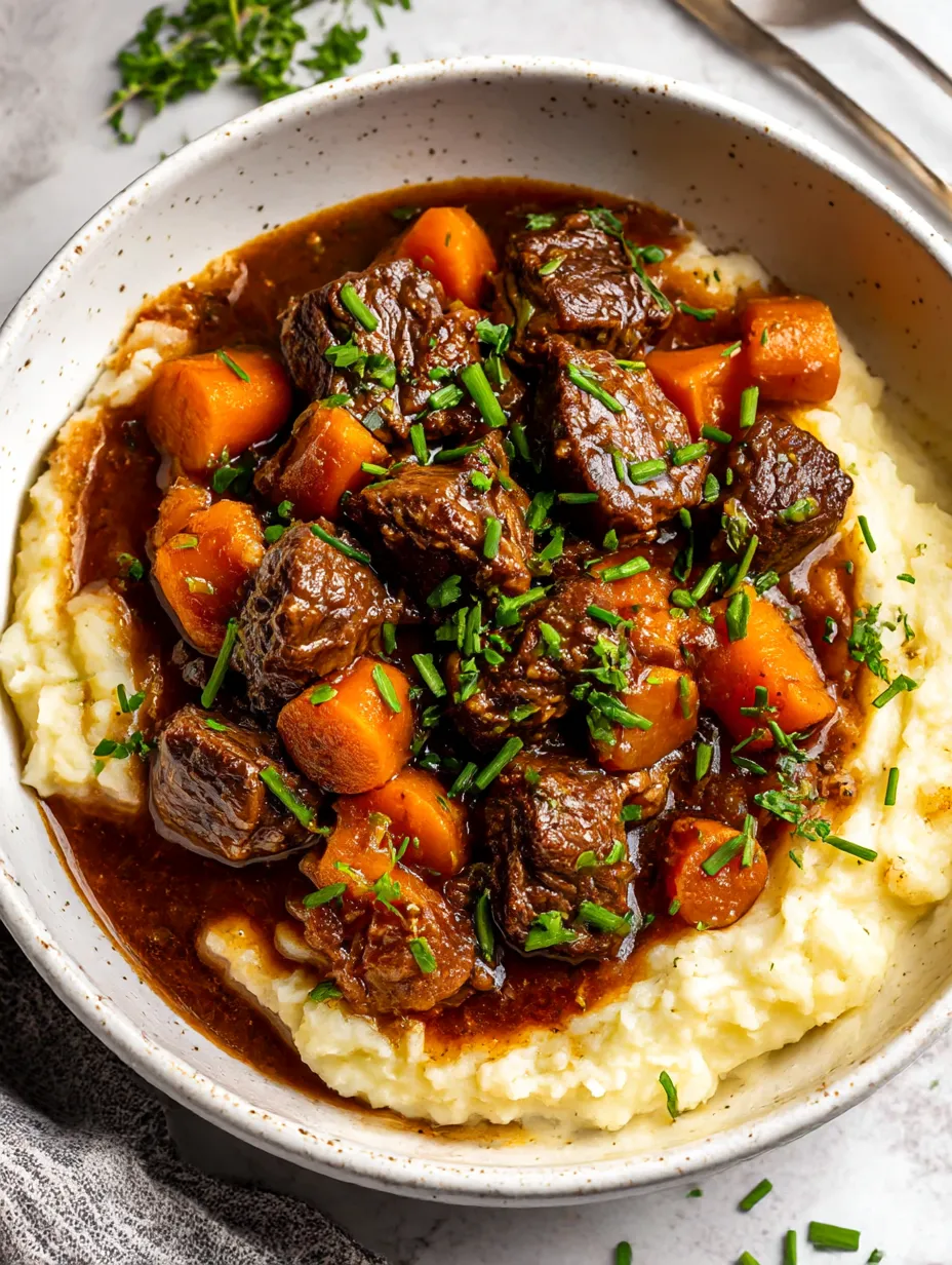 A bowl of beef and potatoes.