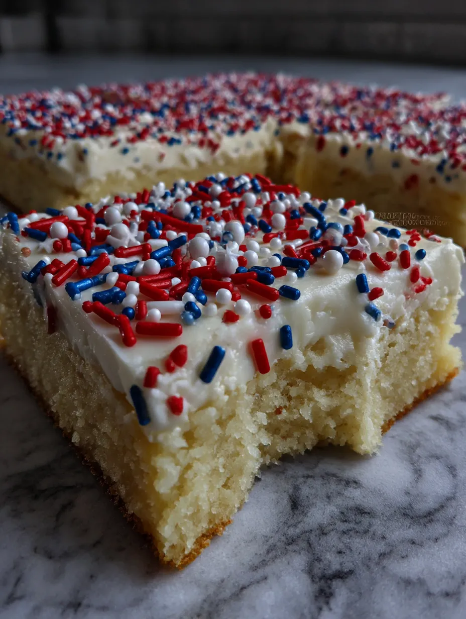 A slice of a frosted sugar cookie with red, white and blue sprinkles.