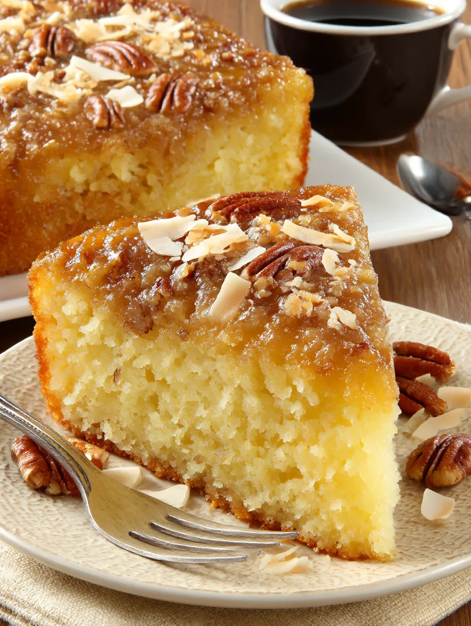 A slice of pecan cake on a plate.