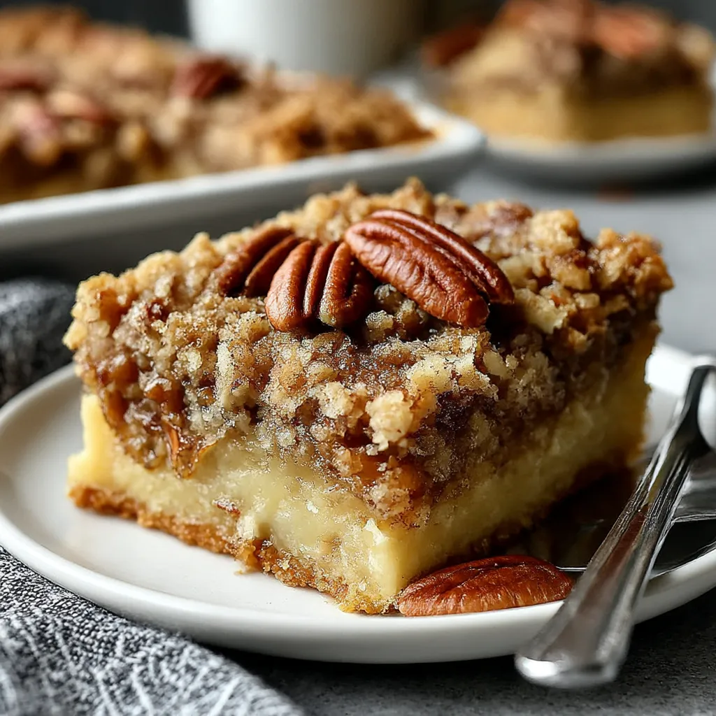 A slice of pecan pie dump cake on a plate.