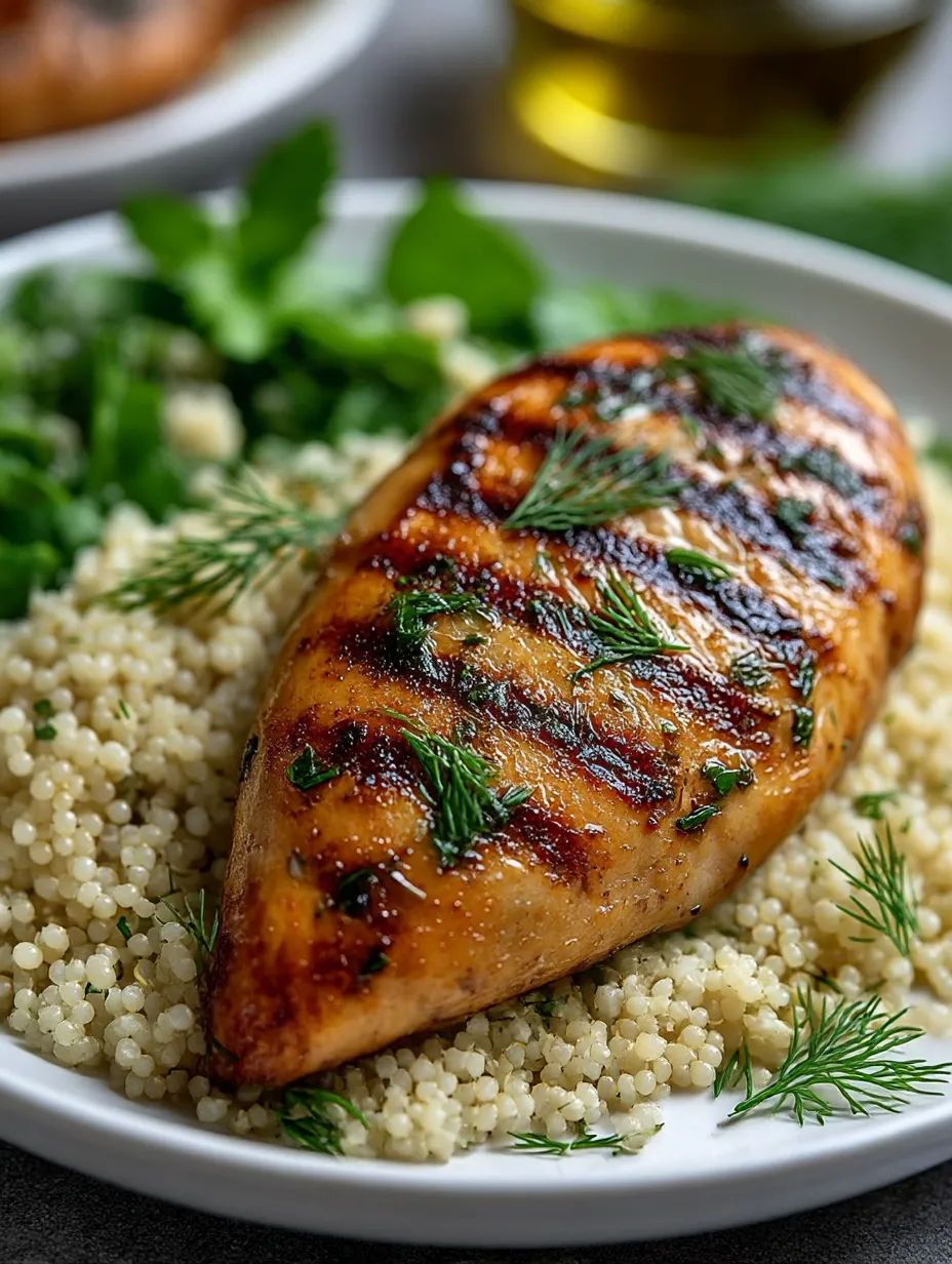 A grilled chicken breast with herbs and lemon on top.