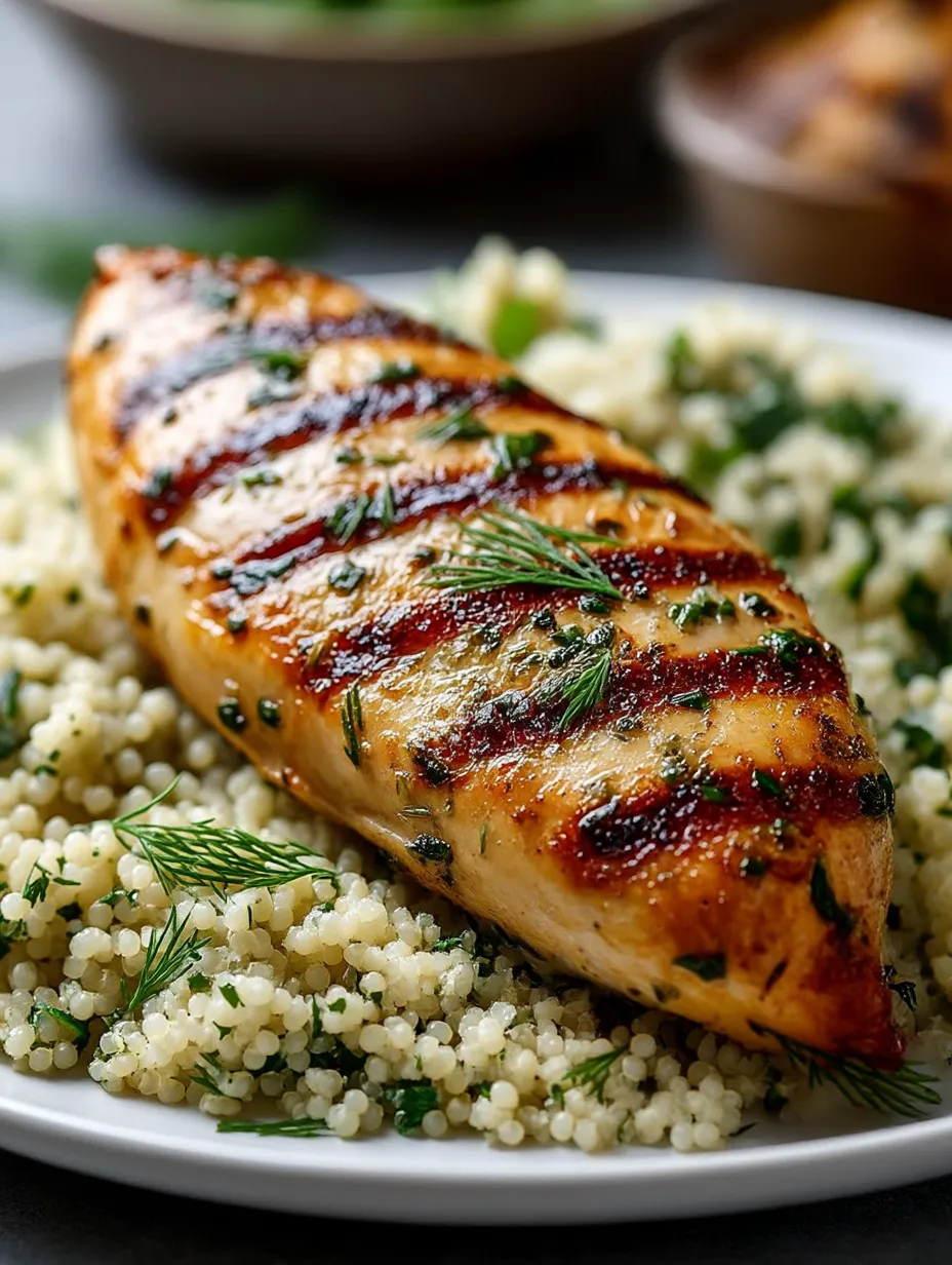 A grilled chicken breast with herbs and lemon on top.