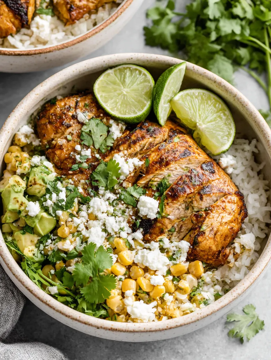 A bowl of food with chicken, rice, and vegetables.