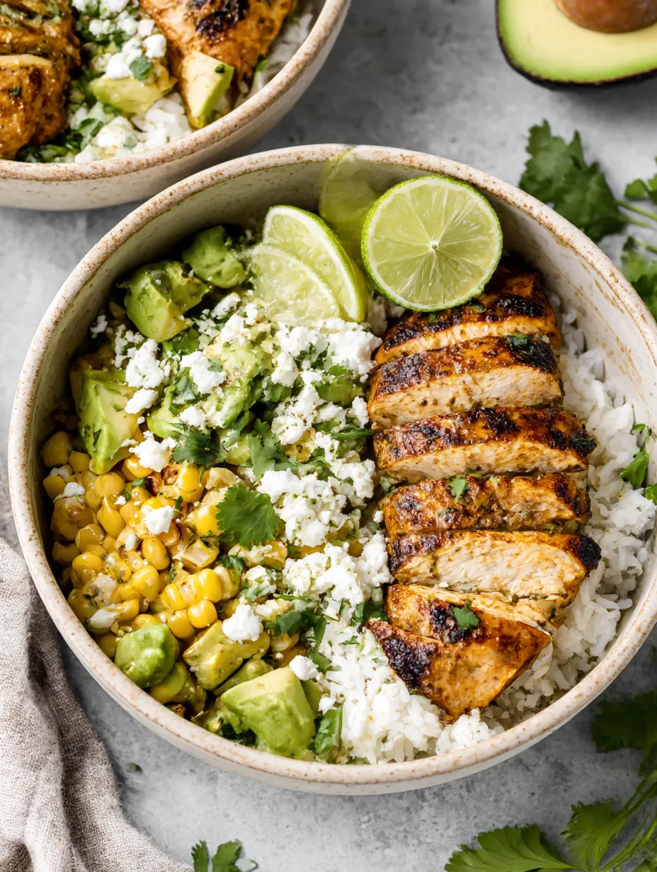 A bowl of food with rice, chicken, lime, and avocado.