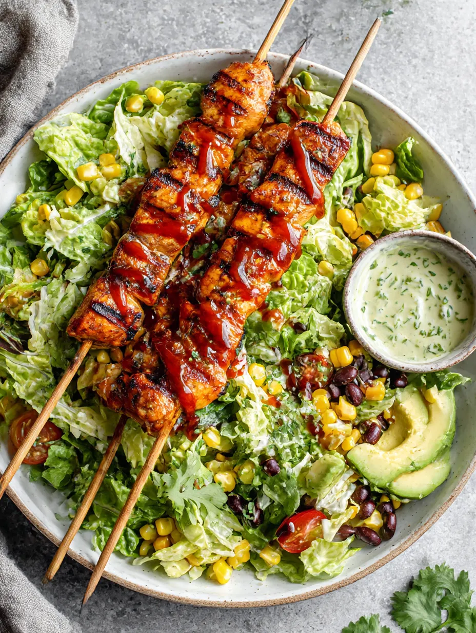 A BBQ chicken skewer salad with a variety of vegetables.