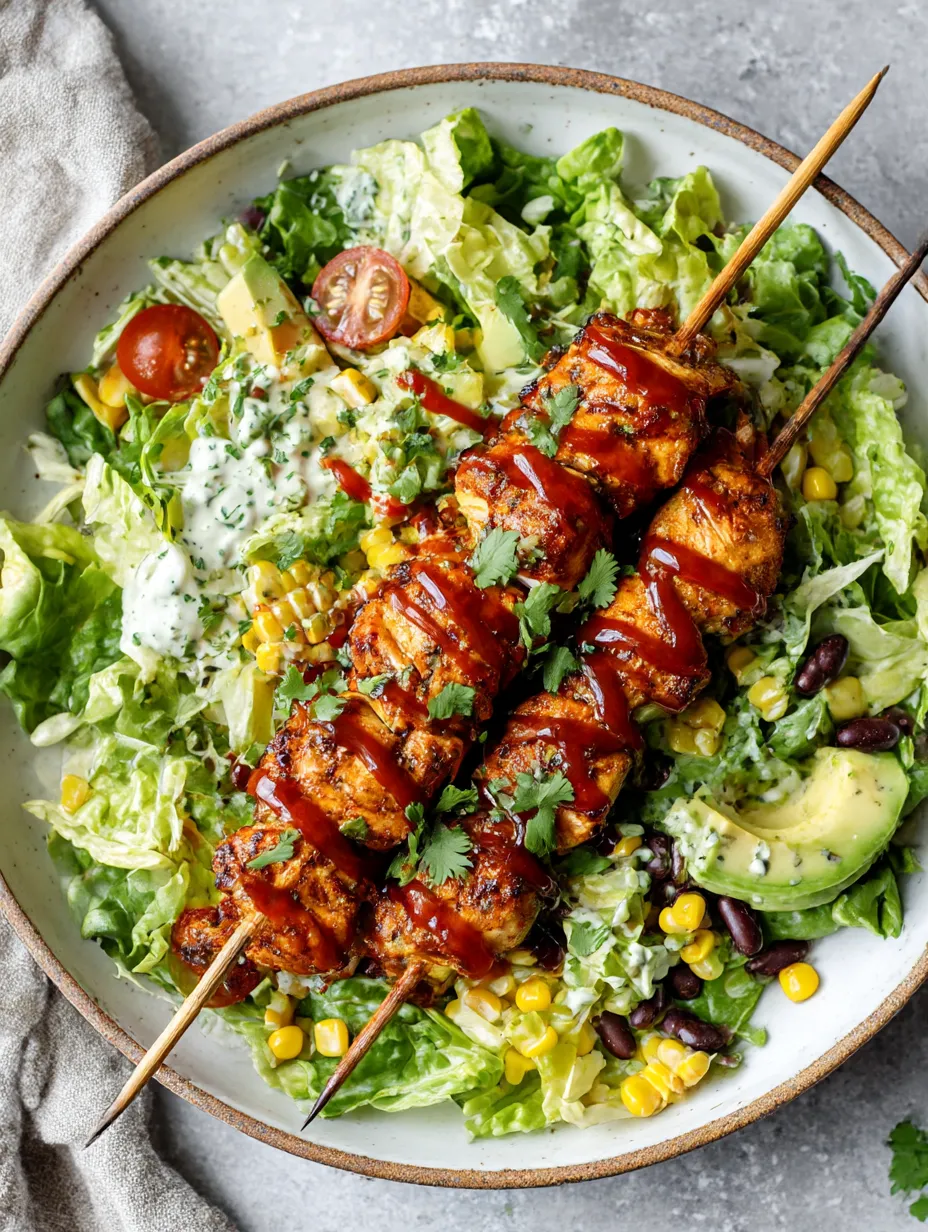 A plate of BBQ chicken skewers with salad.