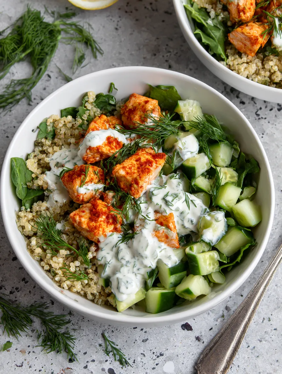 A bowl of salmon and quinoa.
