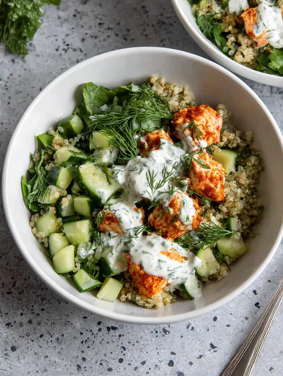 A bowl of salmon quinoa with vegetables.