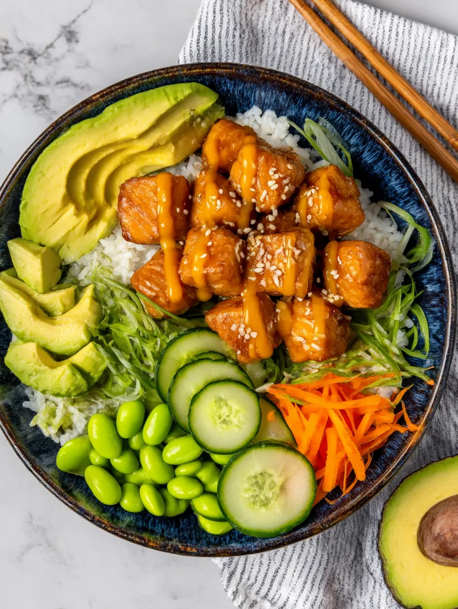 A bowl of food with chicken, avocado, and carrots.