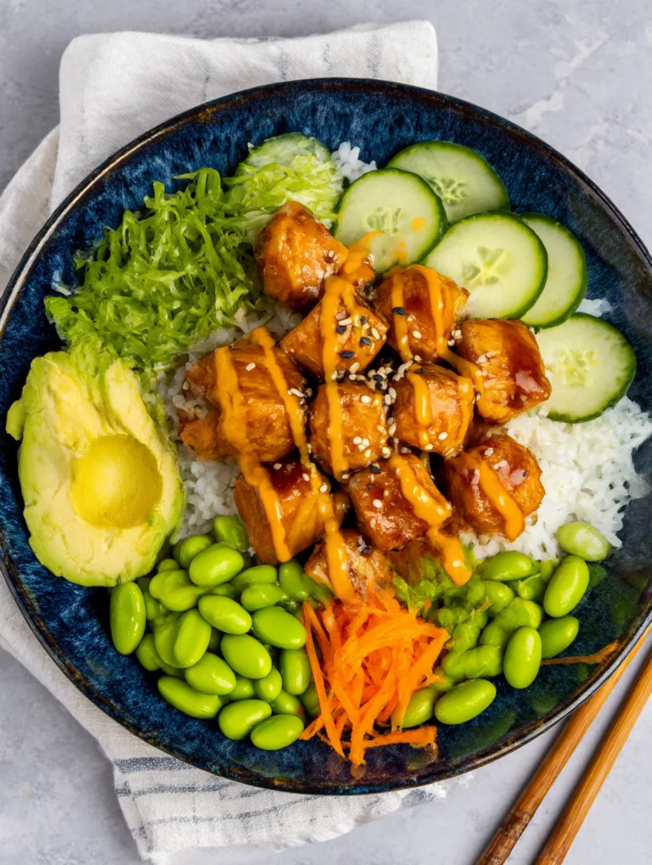 A bowl of food with a variety of ingredients, including salmon, rice, and vegetables.