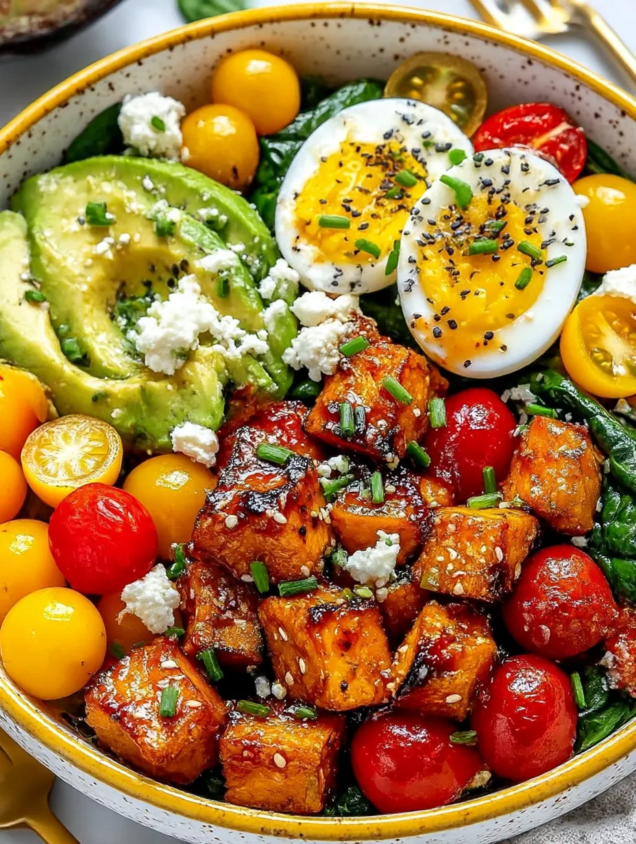 A savory breakfast bowl filled with eggs, vegetables, and fruits.