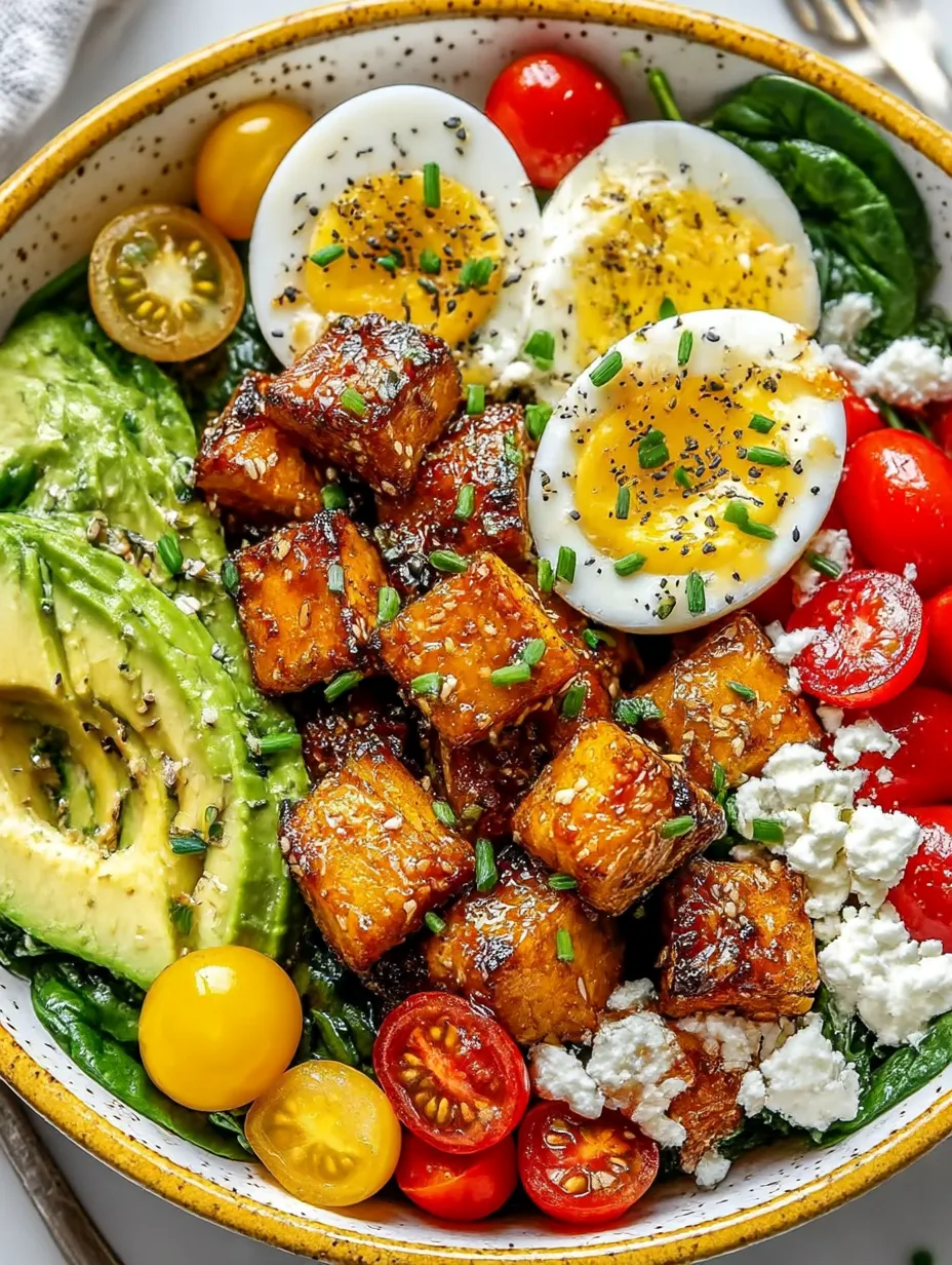 A savory breakfast bowl with eggs, tomatoes, avocado, and other vegetables.