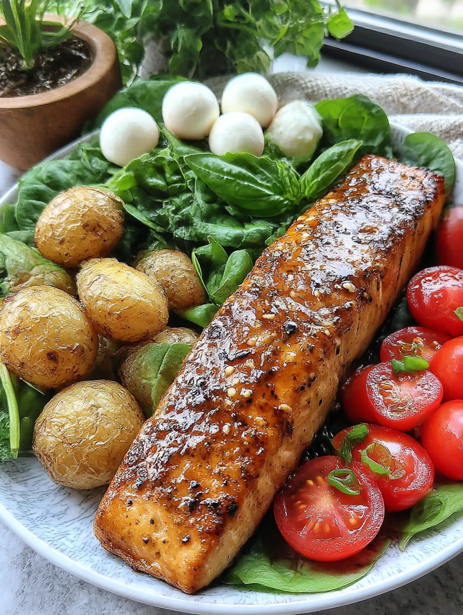 A plate of food with a pan-seared sesame salmon, baked paprika fingerling potatoes and caprese salad.