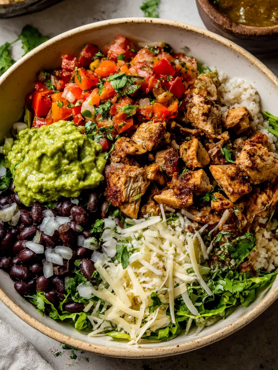 A bowl of food with chicken, rice, and vegetables.