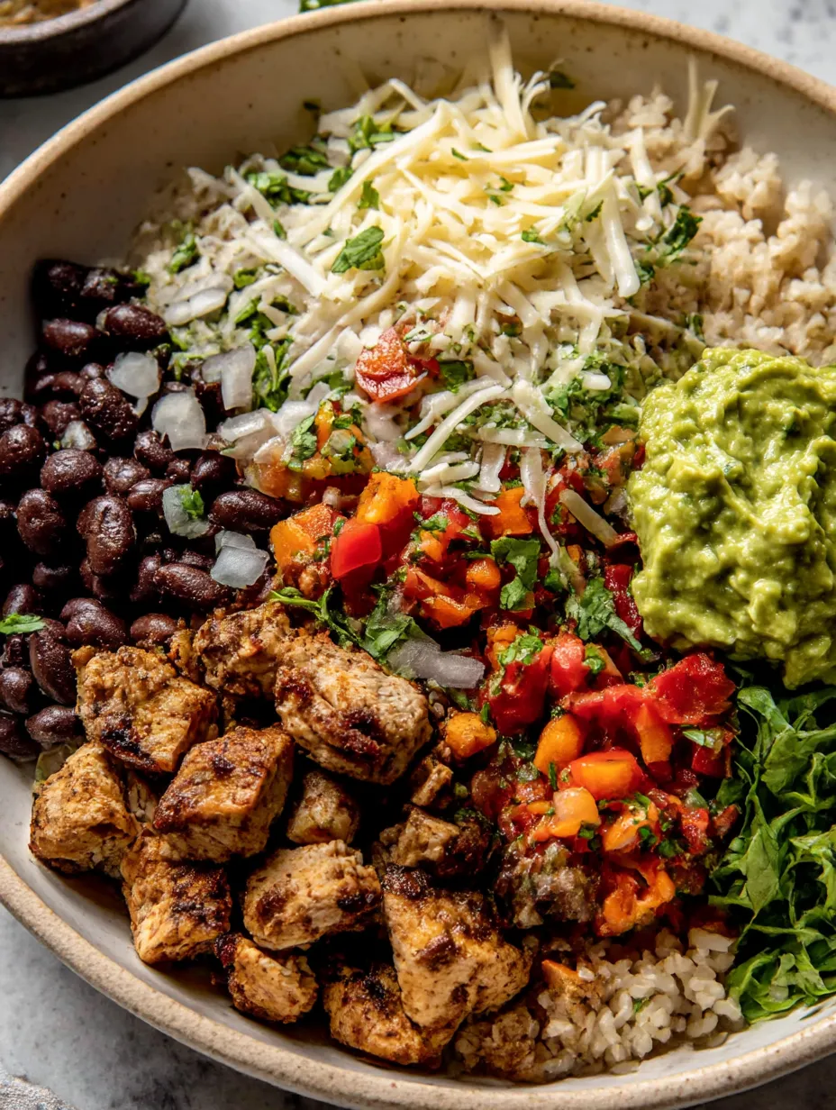 A bowl of food with rice, beans, chicken, tomatoes, lettuce, and cheese.