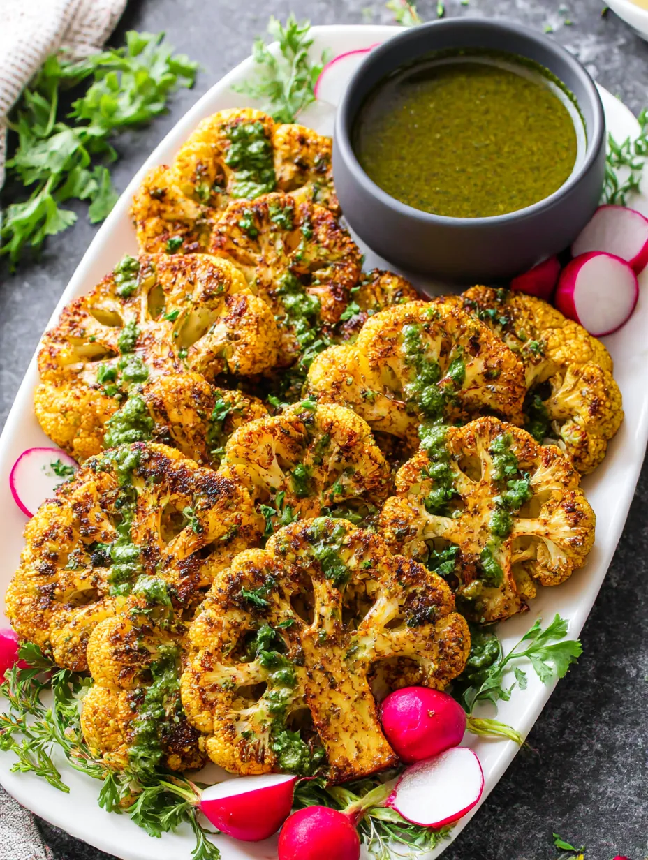 Roasted cauliflower steaks with green sauce.