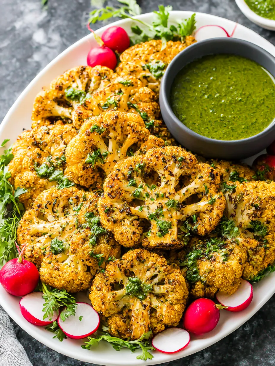A plate of roasted cauliflower steaks with a bowl of dipping sauce.