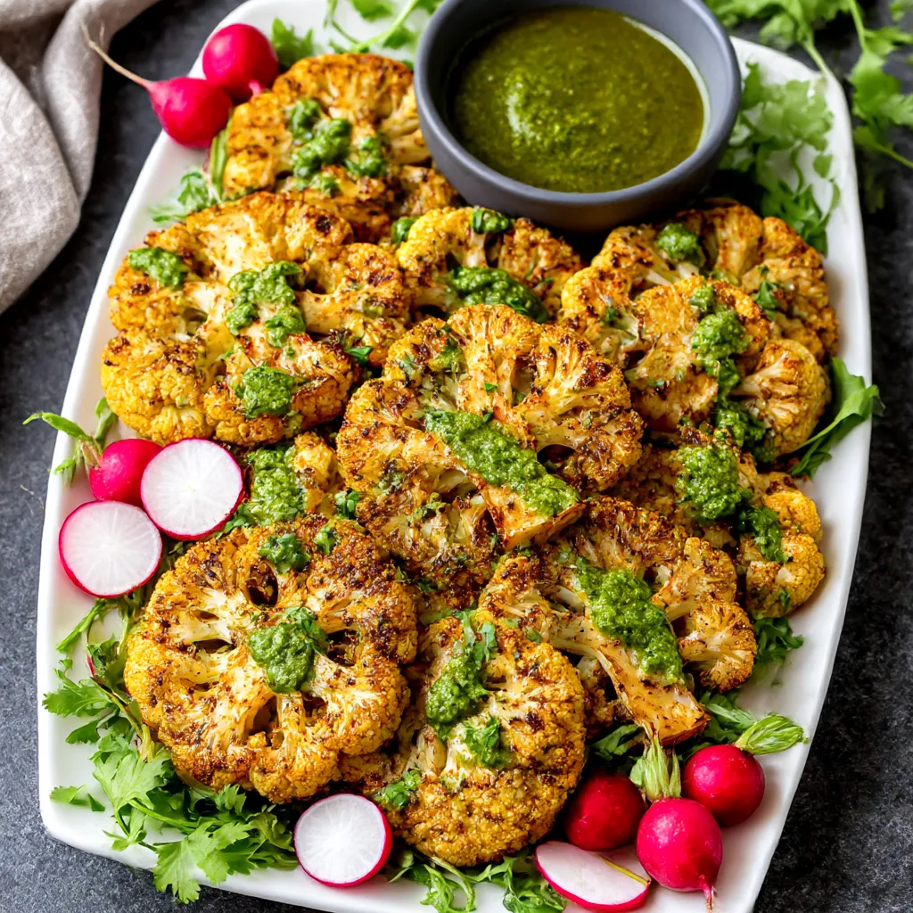 A plate of roasted cauliflower steaks with green sauce.