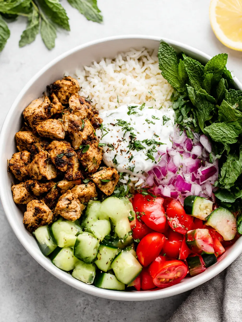 A bowl of food with chicken, rice, onions, tomatoes, and mint.