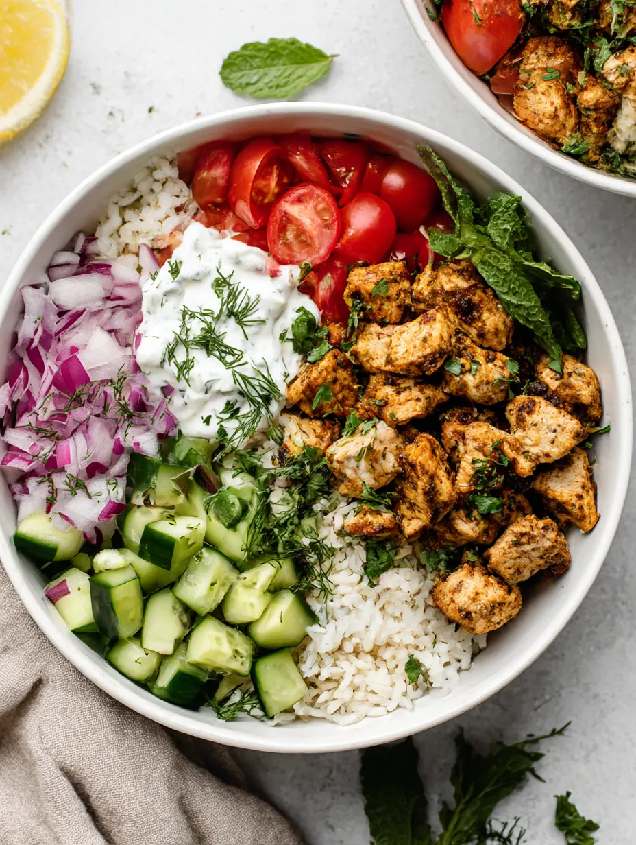 A bowl of food with rice, tomatoes, cucumbers, onions, and chicken.