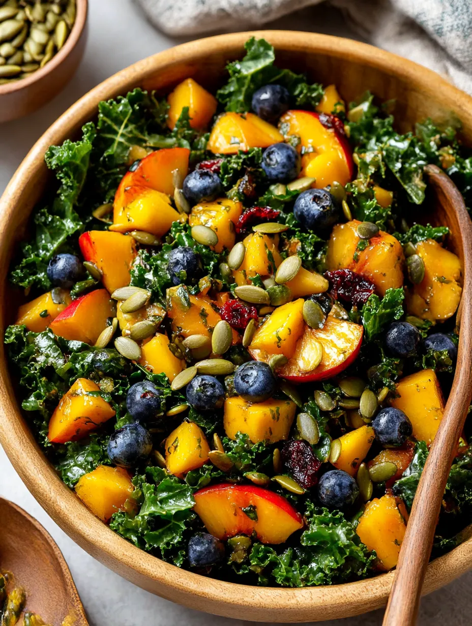 A bowl of salad with blueberries, peaches, and kale.