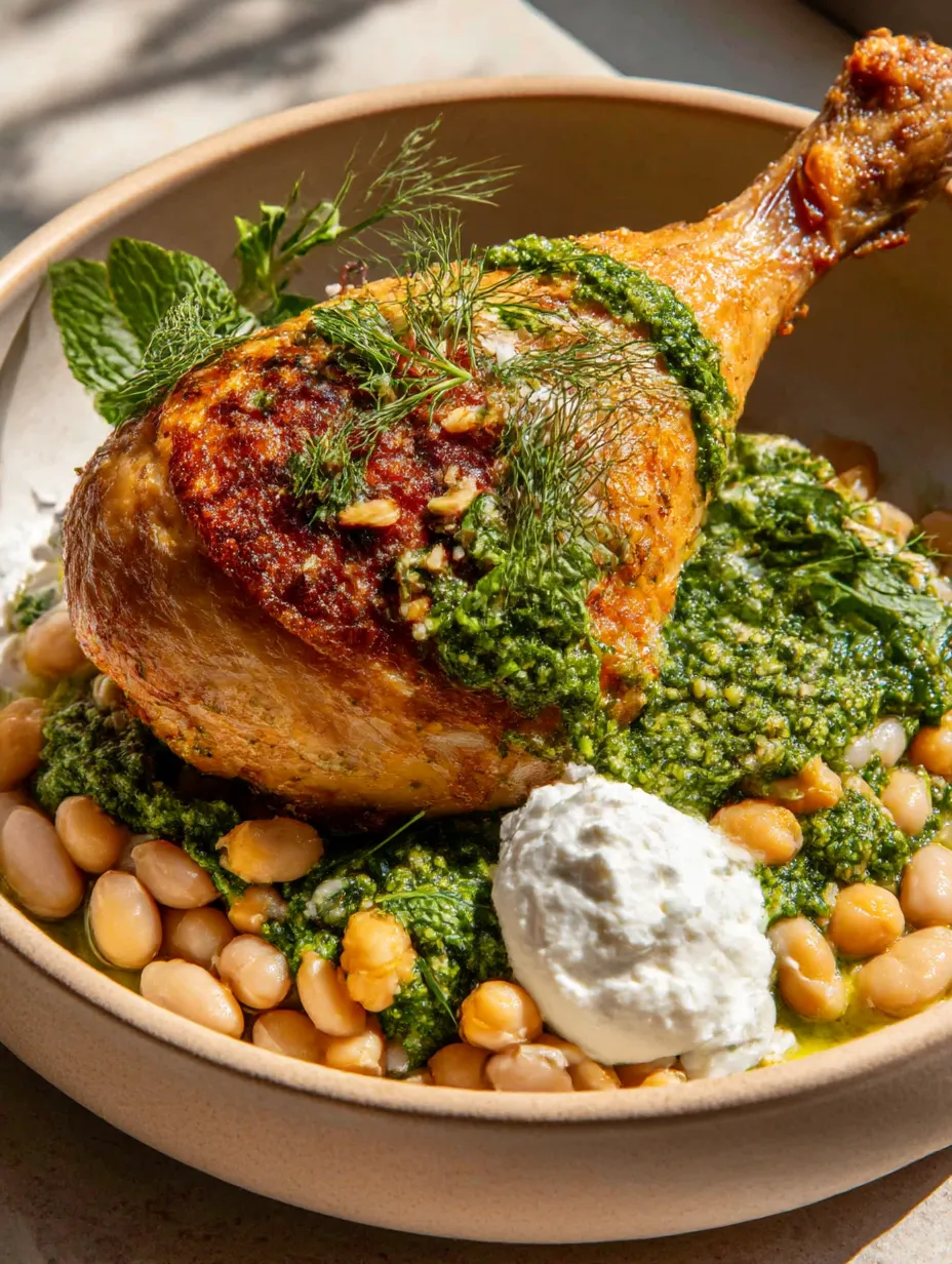 A bowl of food with a chicken breast, beans, and pesto.