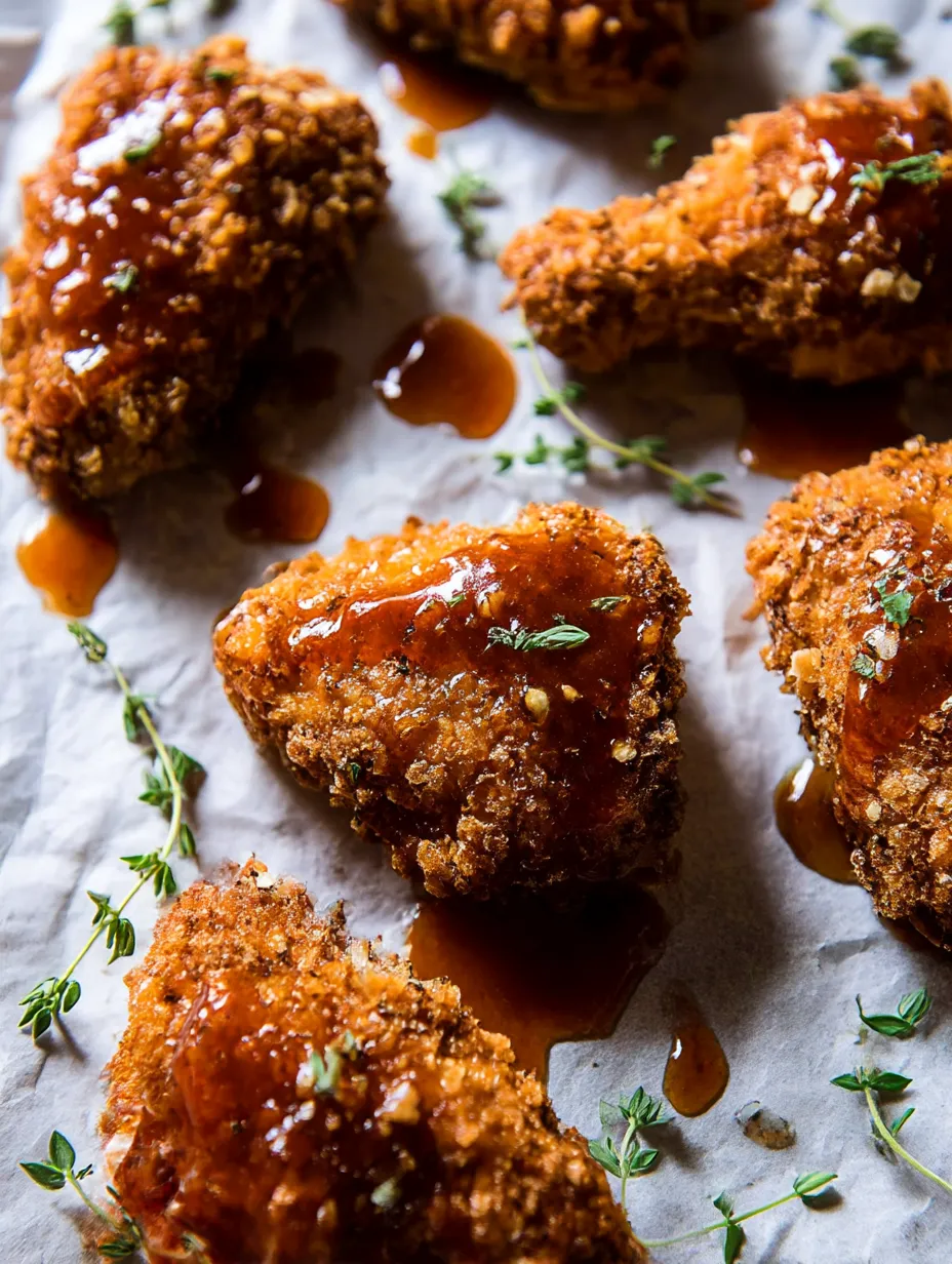 A plate of fried chicken with honey drizzled over it.
