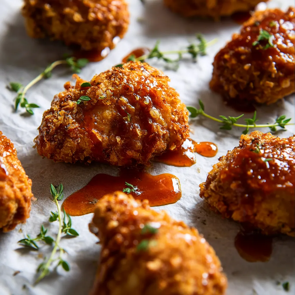 A plate of fried chicken with honey drizzled over it.