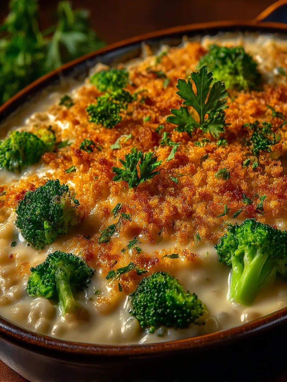 A delicious casserole with broccoli and rice.