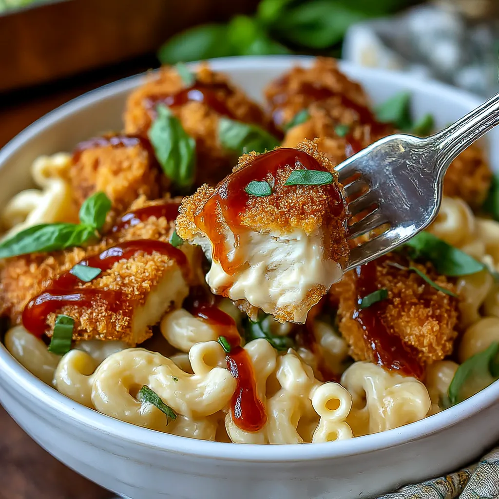 A fork is being used to pick up a piece of chicken from a bowl of mac and cheese.