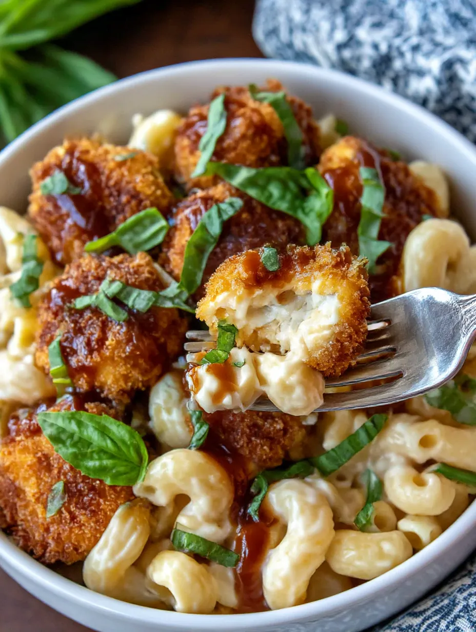 A bowl of mac and cheese with chicken and sauce.