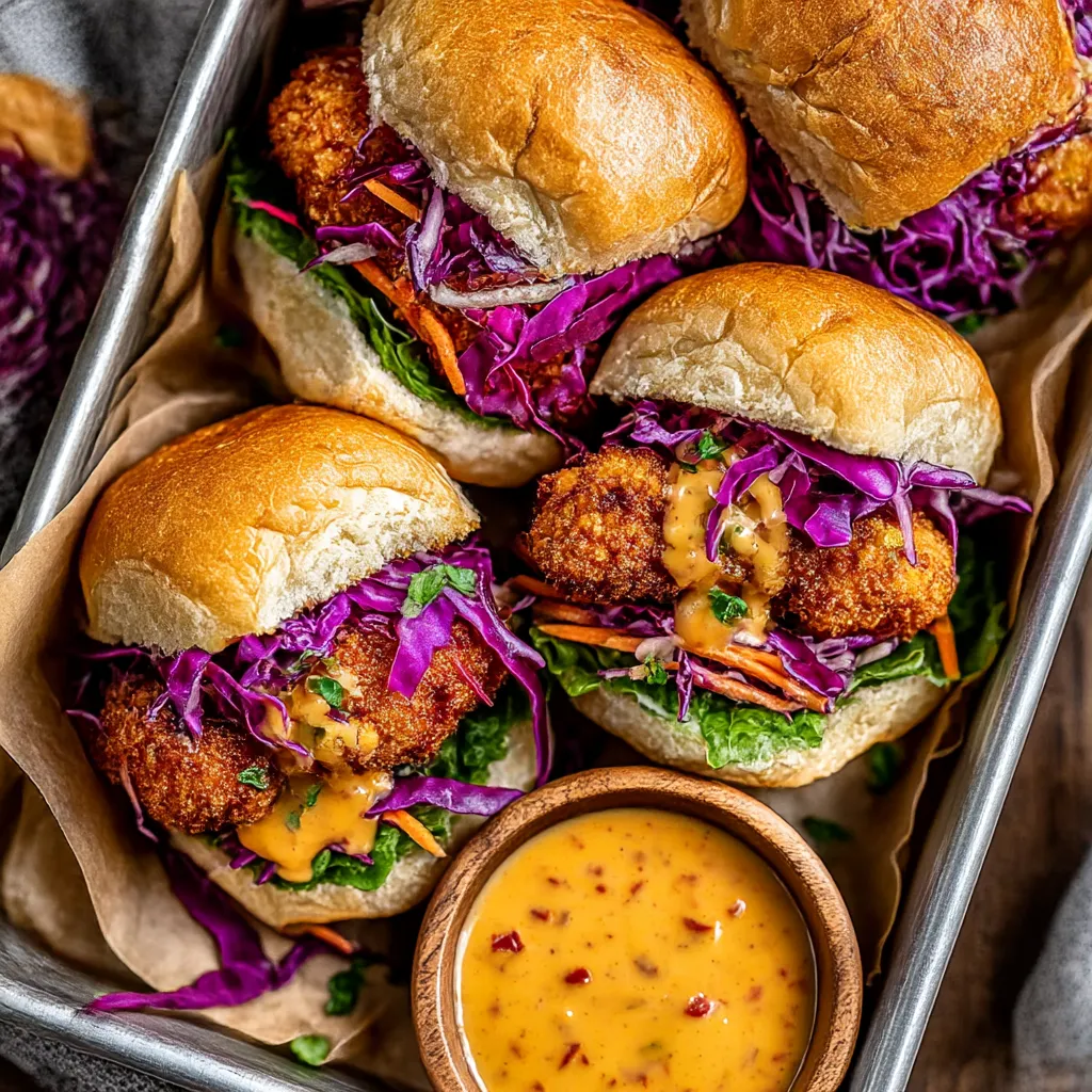 A tray of bang bang chicken sandwiches.