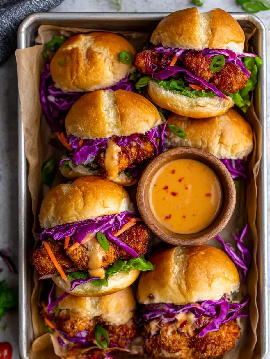 A tray of bang bang chicken sandwiches.