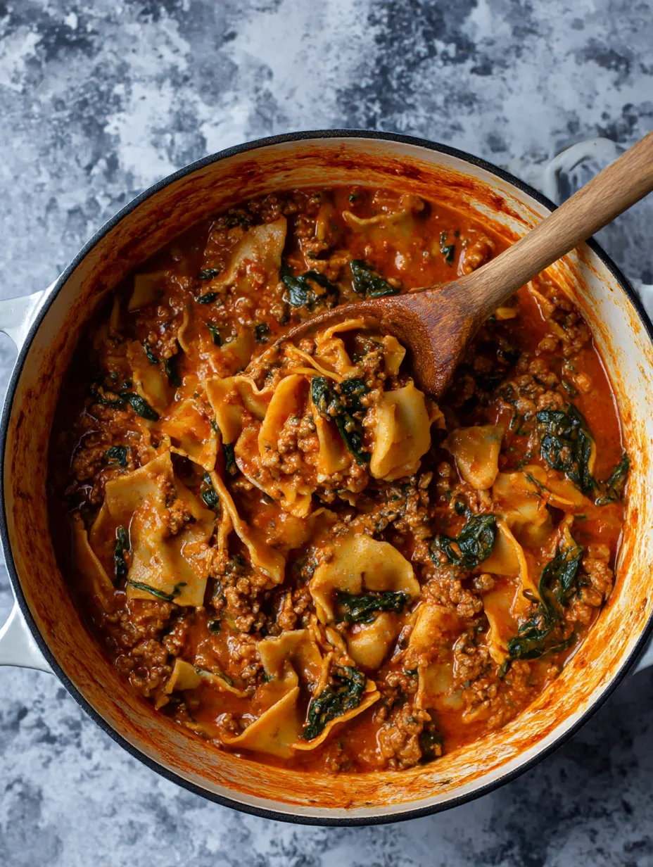 A bowl of lasagna soup with a spoon in it.