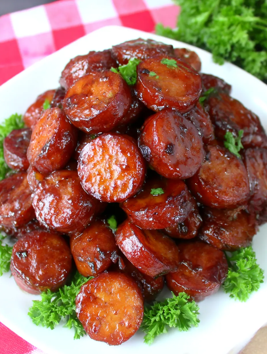 A plate of BBQ smoked sausage bites.