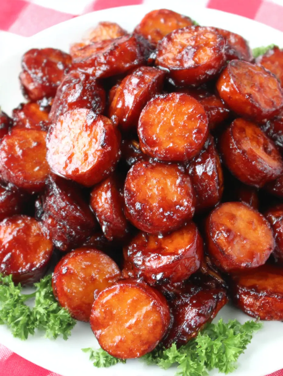 A plate of BBQ smoked sausage bites.