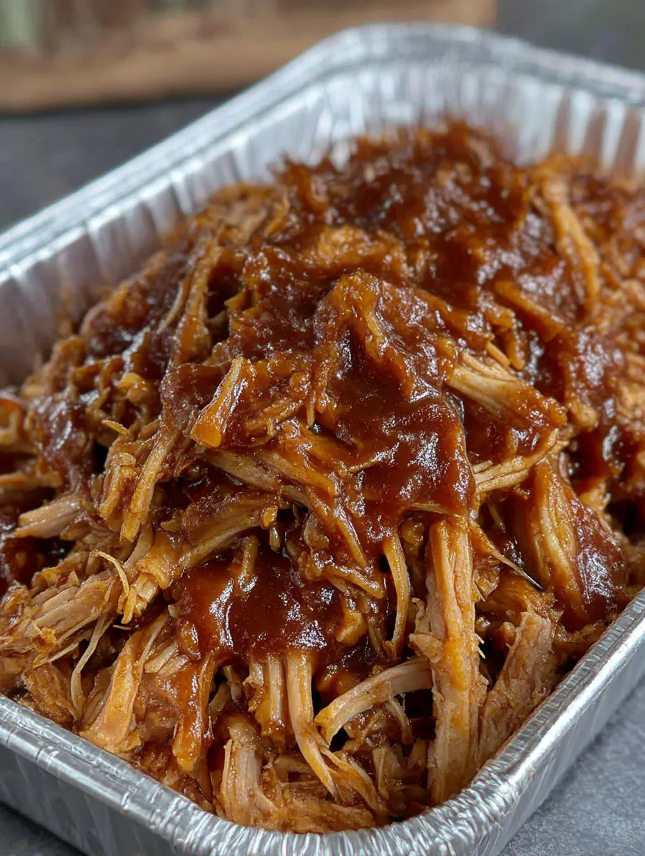 A large tray of pulled pork with a brown sauce.