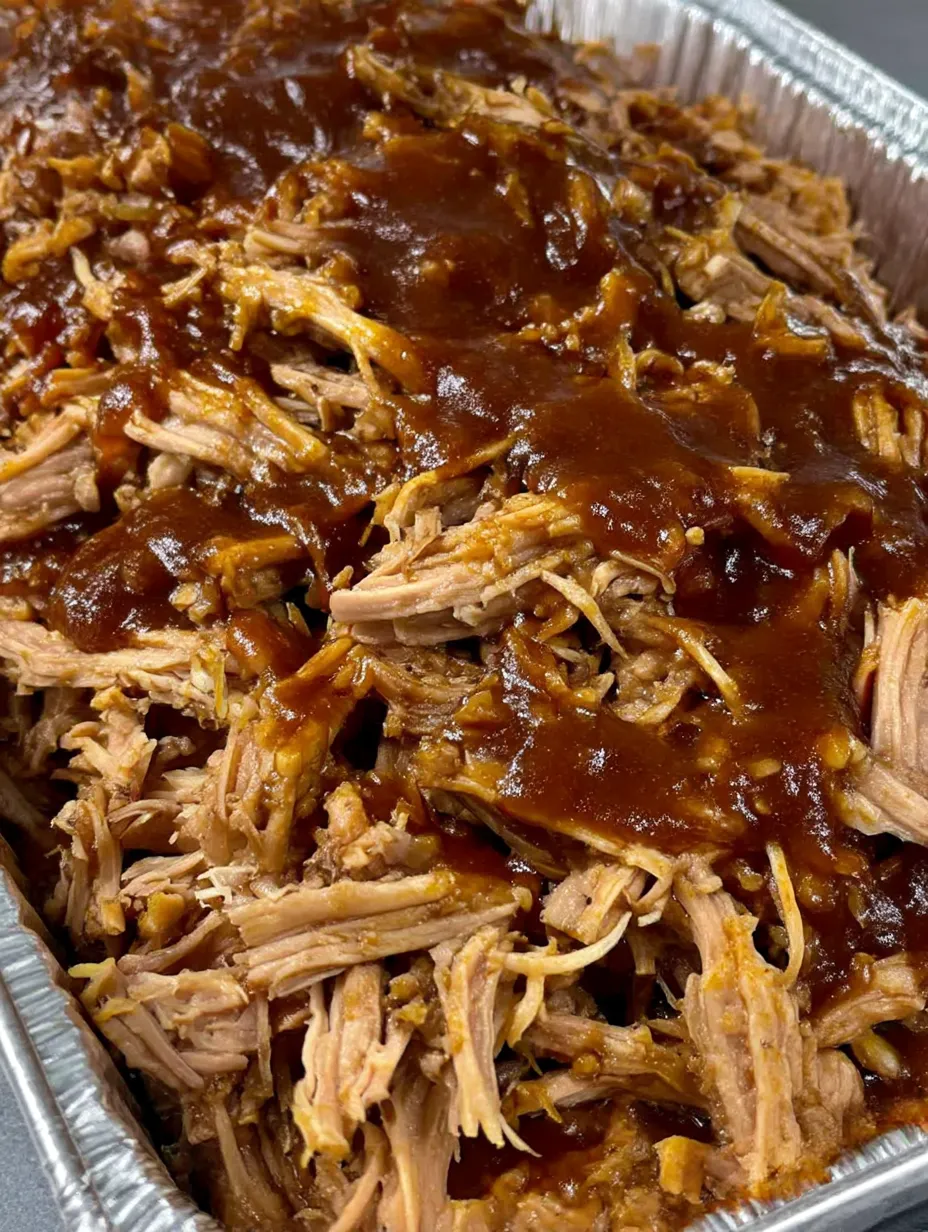 A pan of pulled pork with a brown sauce.