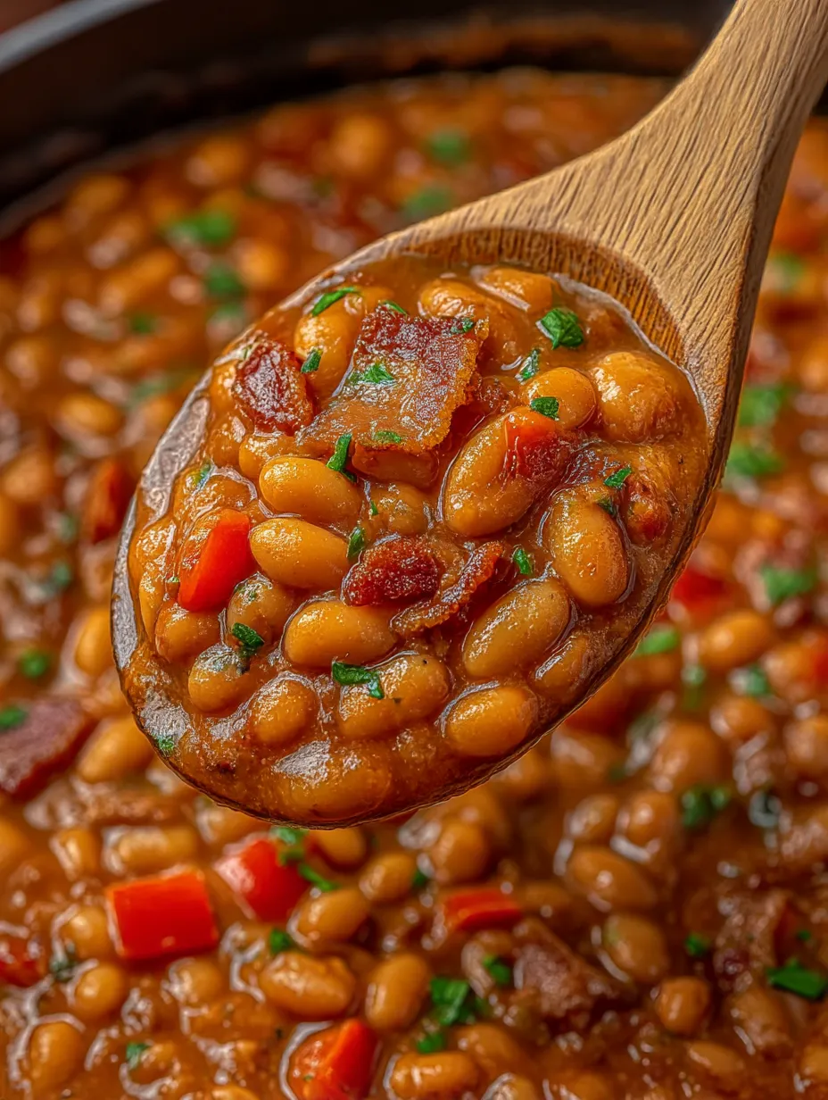 A wooden spoon is filled with smoky baked beans with bacon.