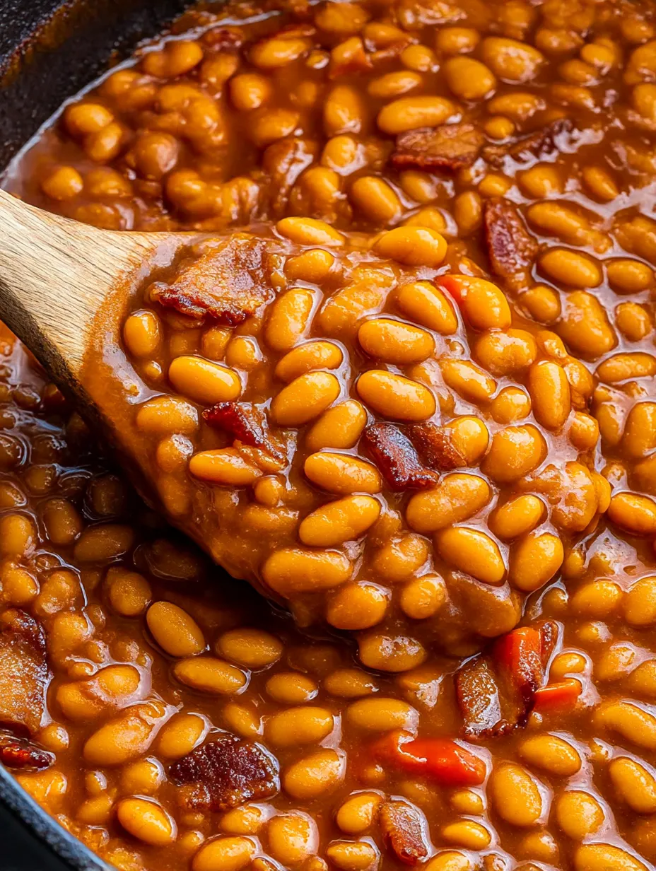 A wooden spoon in a bowl of baked beans.